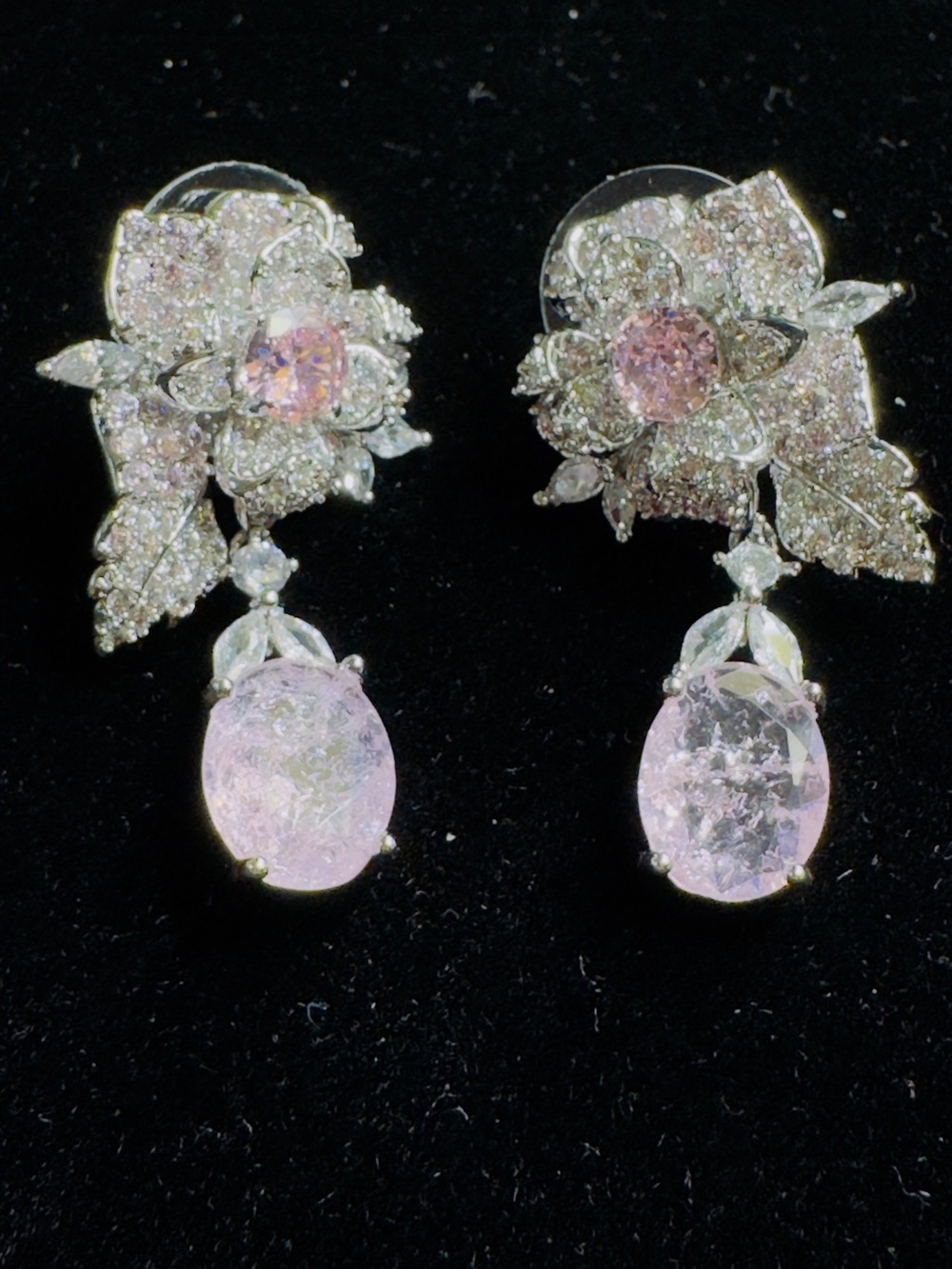 Elegant Pink Crystal Floral Drop Earrings - Women Jewelry